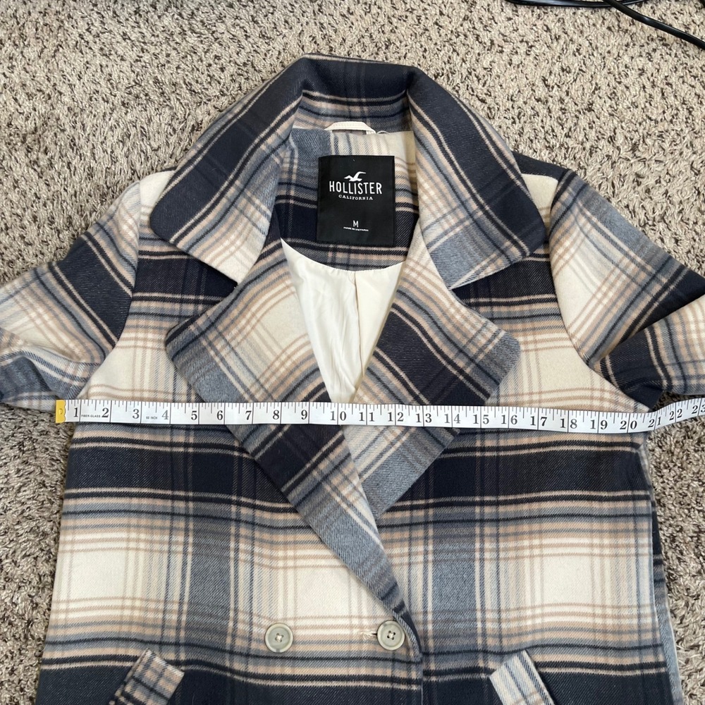 Hollister Plaid Double Breasted Trench Pea‎ Coat Womens M Beige Blue Gray Lined - Picture 9 of 10